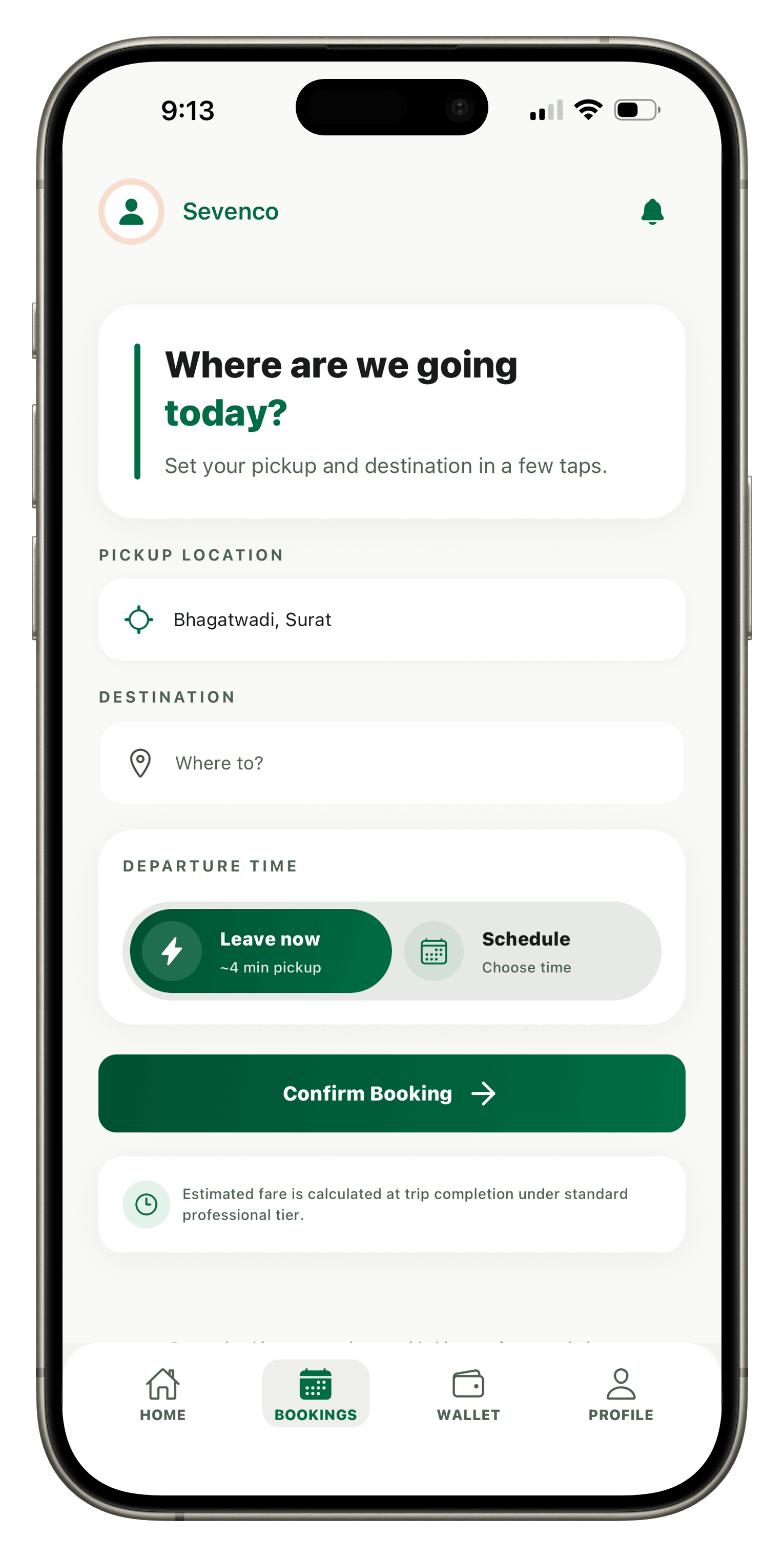 Sevenco app booking screen