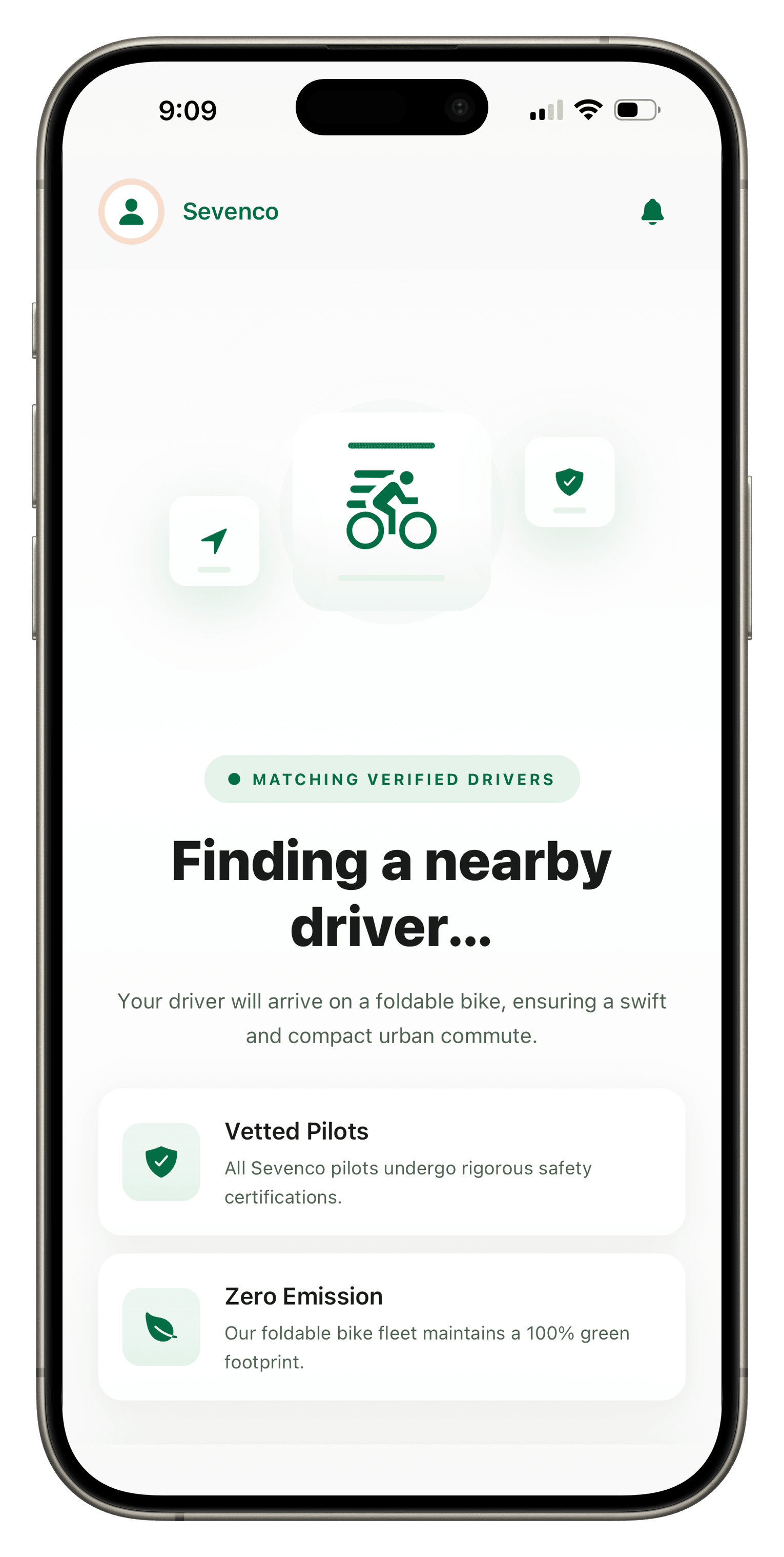 Sevenco eco-friendly fleet app — finding a nearby verified driver